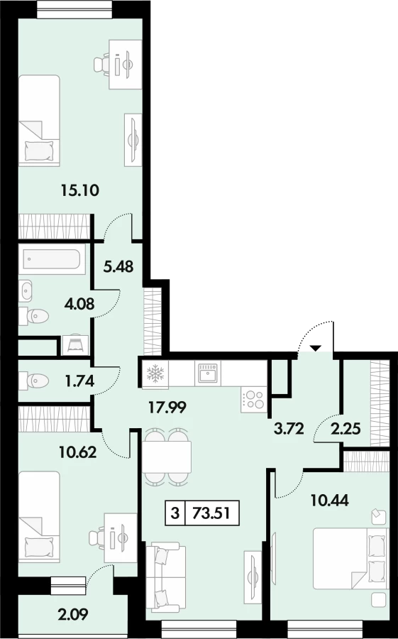 3-х комнатная квартира в Рязани площадью 73